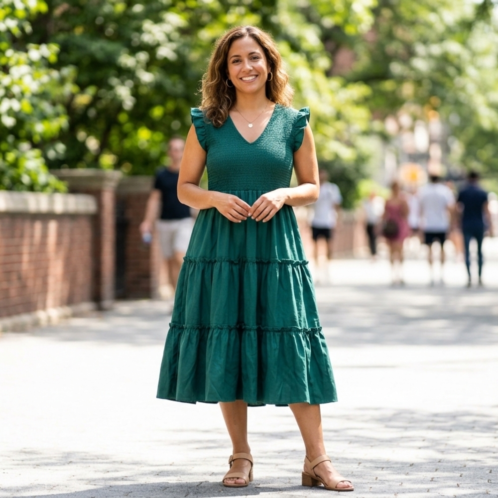 Amazon Brand Emerald Green Smocked V-Neck Tiered Midi Dress 2XL
